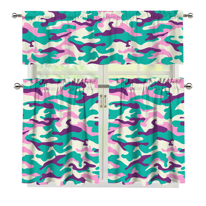 Pastel Teal And Purple Camouflage Print 3 Piece Kitchen Curtains