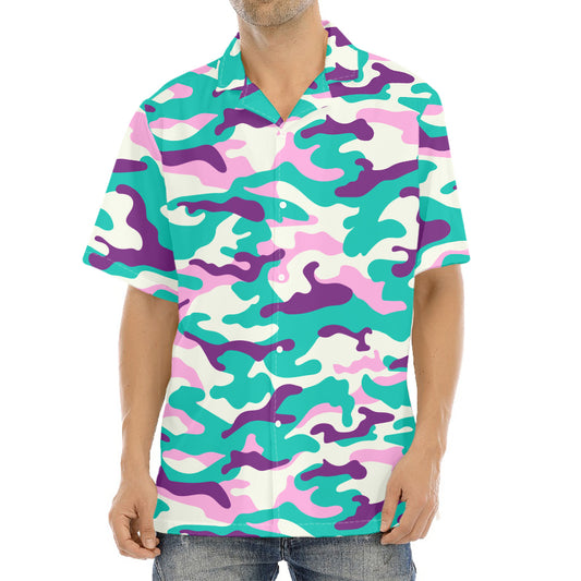 Pastel Teal And Purple Camouflage Print Aloha Shirt