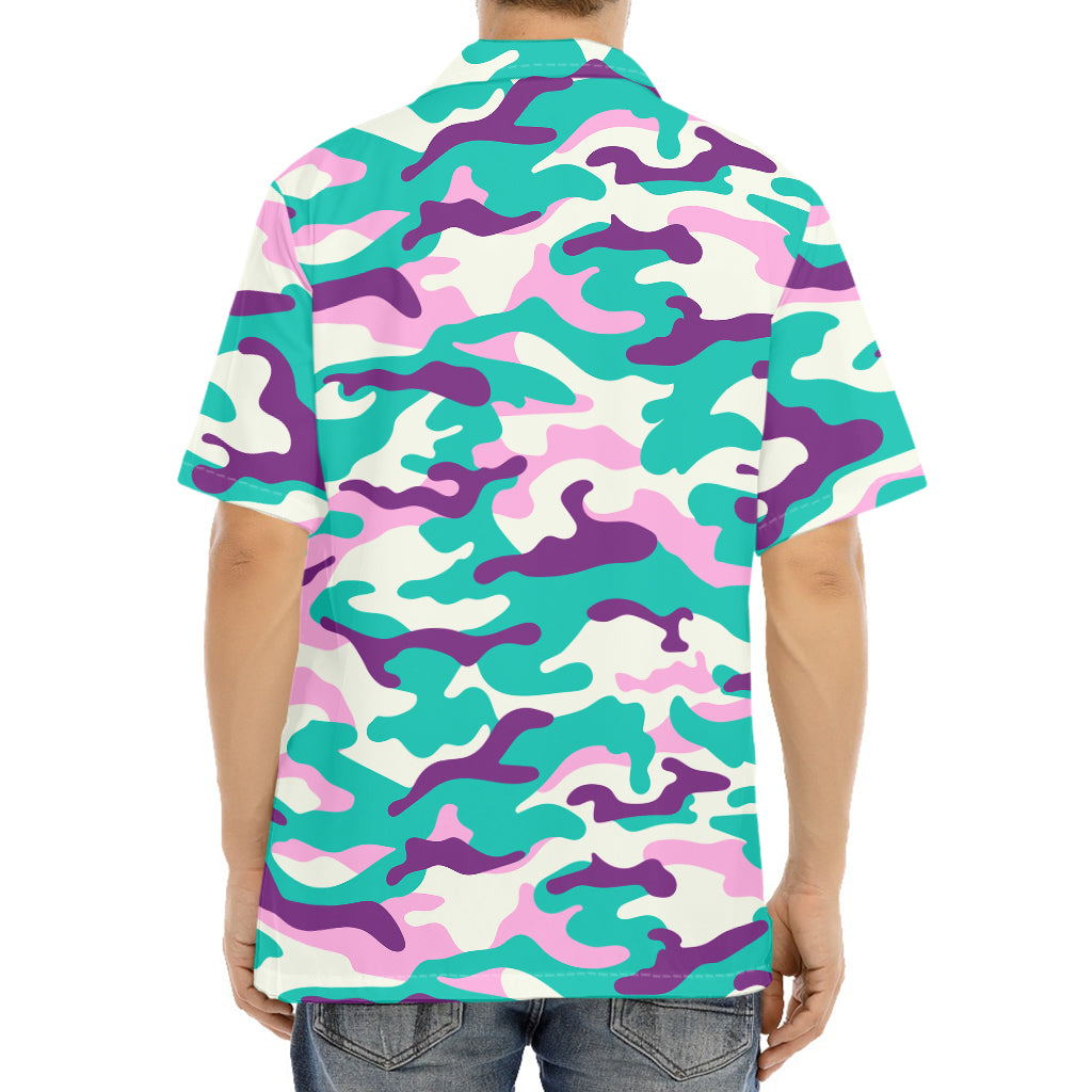Pastel Teal And Purple Camouflage Print Aloha Shirt