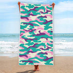 Pastel Teal And Purple Camouflage Print Beach Towel