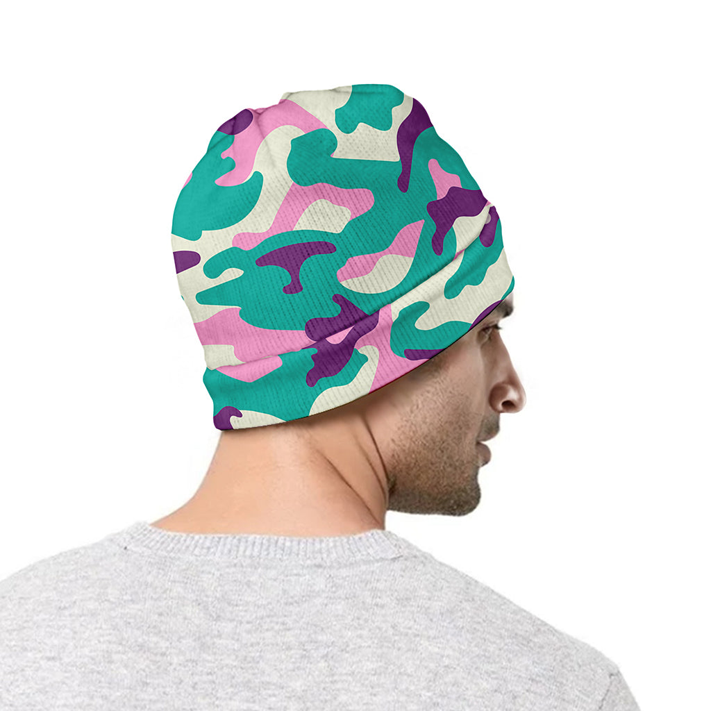 Pastel Teal And Purple Camouflage Print Beanie