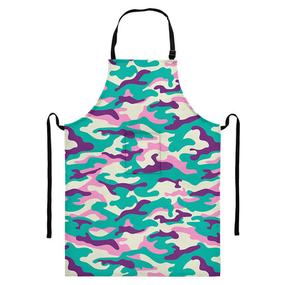 Pastel Teal And Purple Camouflage Print Bib Apron With Pocket