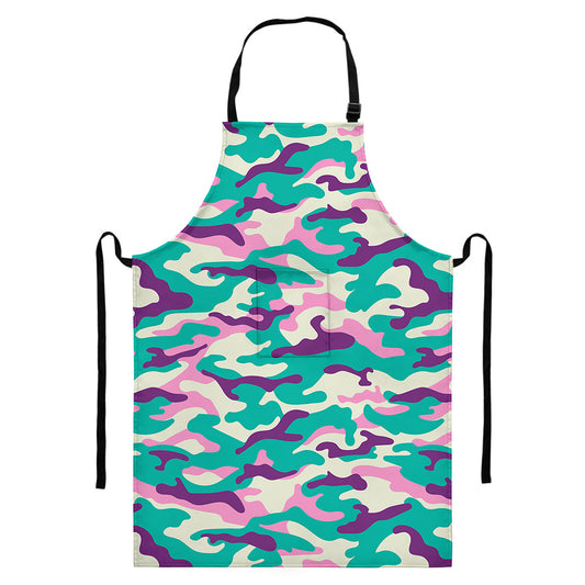 Pastel Teal And Purple Camouflage Print Bib Apron With Pocket