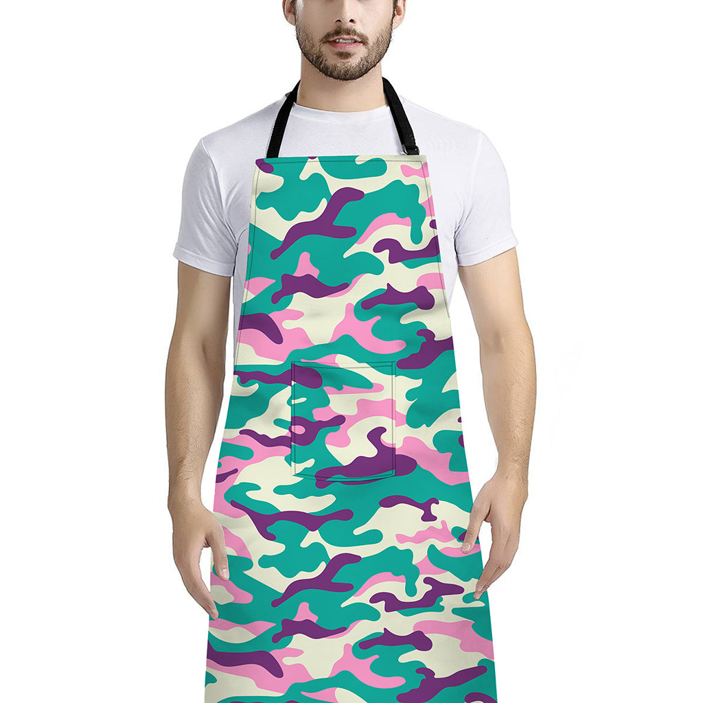 Pastel Teal And Purple Camouflage Print Bib Apron With Pocket
