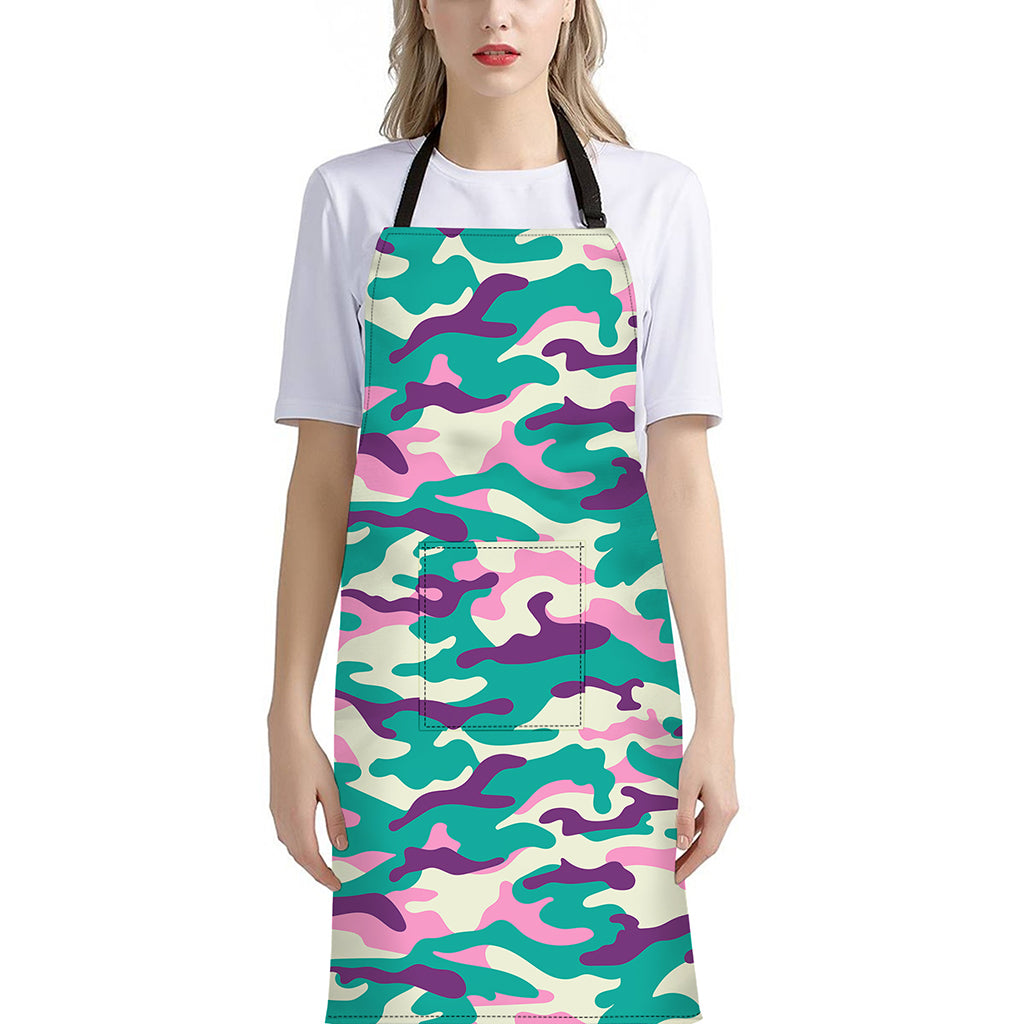 Pastel Teal And Purple Camouflage Print Bib Apron With Pocket