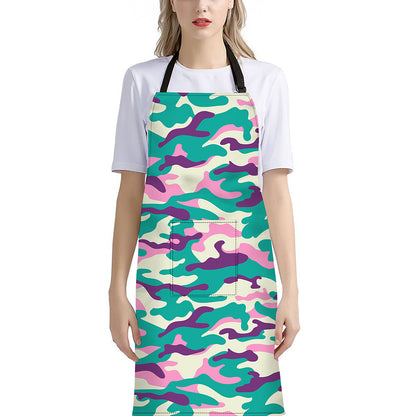 Pastel Teal And Purple Camouflage Print Bib Apron With Pocket