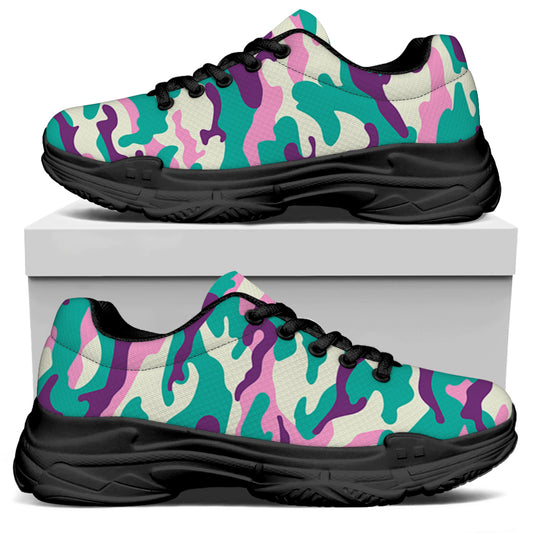 Pastel Teal And Purple Camouflage Print Black Chunky Shoes