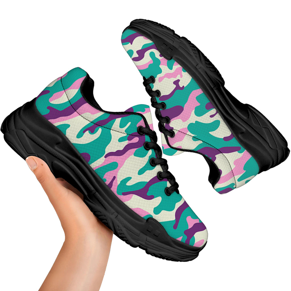 Pastel Teal And Purple Camouflage Print Black Chunky Shoes