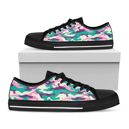 Pastel Teal And Purple Camouflage Print Black Low Top Sneakers