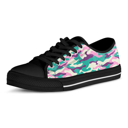 Pastel Teal And Purple Camouflage Print Black Low Top Sneakers