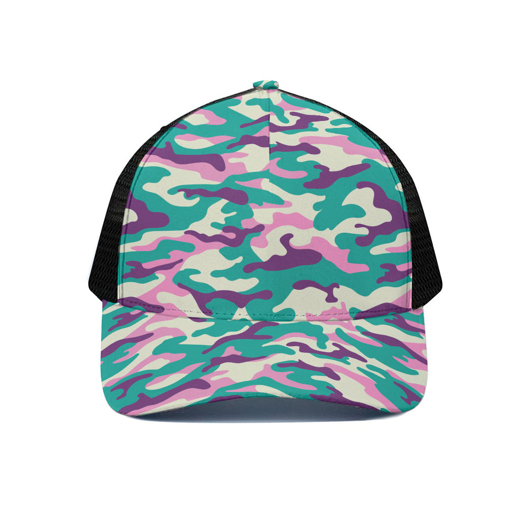 Pastel Teal And Purple Camouflage Print Black Mesh Trucker Cap