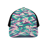 Pastel Teal And Purple Camouflage Print Black Mesh Trucker Cap
