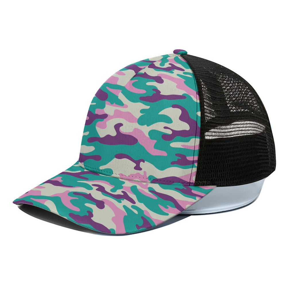 Pastel Teal And Purple Camouflage Print Black Mesh Trucker Cap