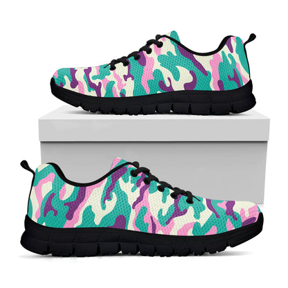 Pastel Teal And Purple Camouflage Print Black Running Shoes