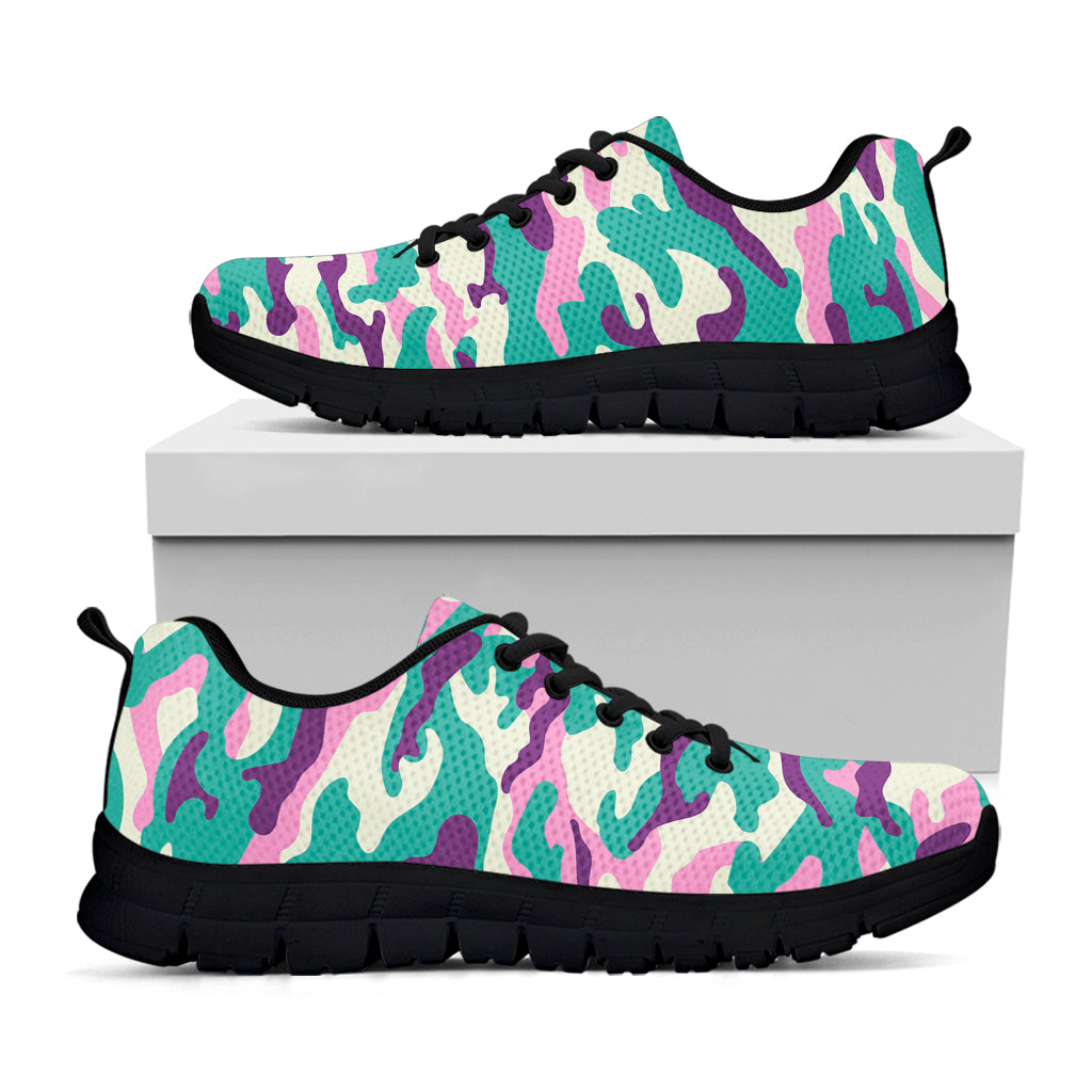 Pastel Teal And Purple Camouflage Print Black Running Shoes
