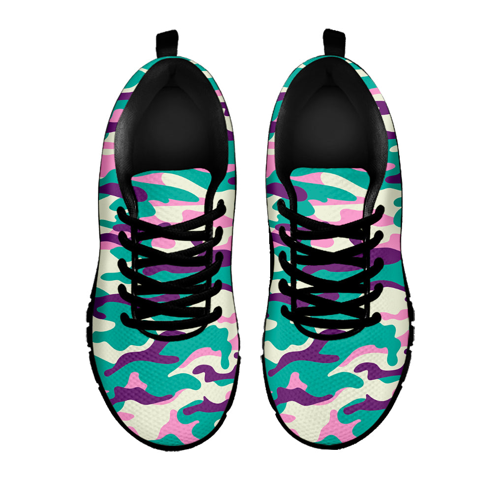 Pastel Teal And Purple Camouflage Print Black Running Shoes
