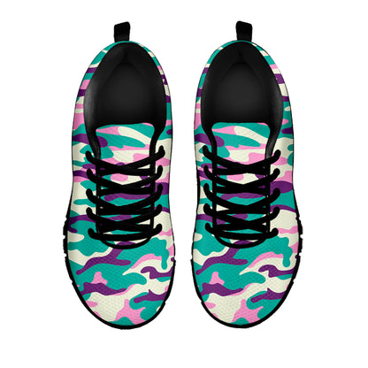 Pastel Teal And Purple Camouflage Print Black Running Shoes
