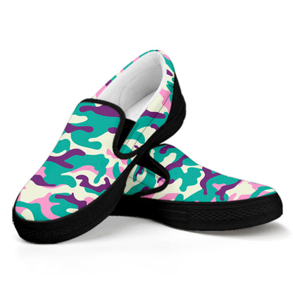 Pastel Teal And Purple Camouflage Print Black Slip On Sneakers