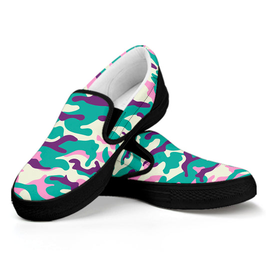 Pastel Teal And Purple Camouflage Print Black Slip On Sneakers