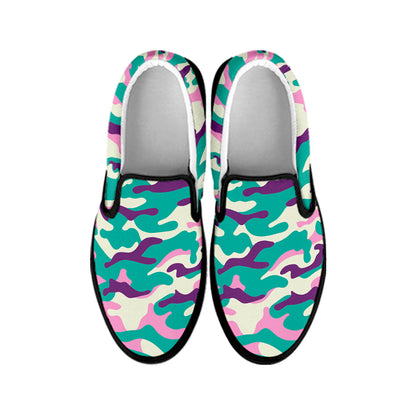 Pastel Teal And Purple Camouflage Print Black Slip On Sneakers