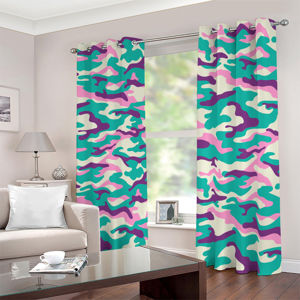 Pastel Teal And Purple Camouflage Print Blackout Grommet Curtains