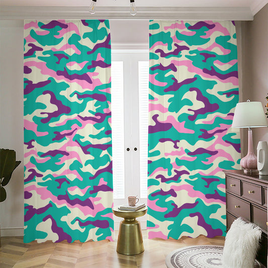 Pastel Teal And Purple Camouflage Print Blackout Pencil Pleat Curtains