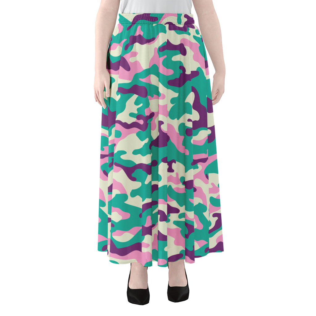 Pastel Teal And Purple Camouflage Print Chiffon Maxi Skirt