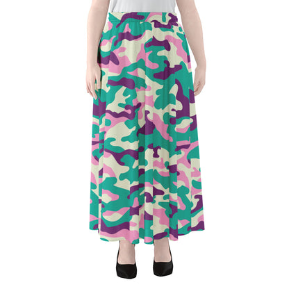 Pastel Teal And Purple Camouflage Print Chiffon Maxi Skirt