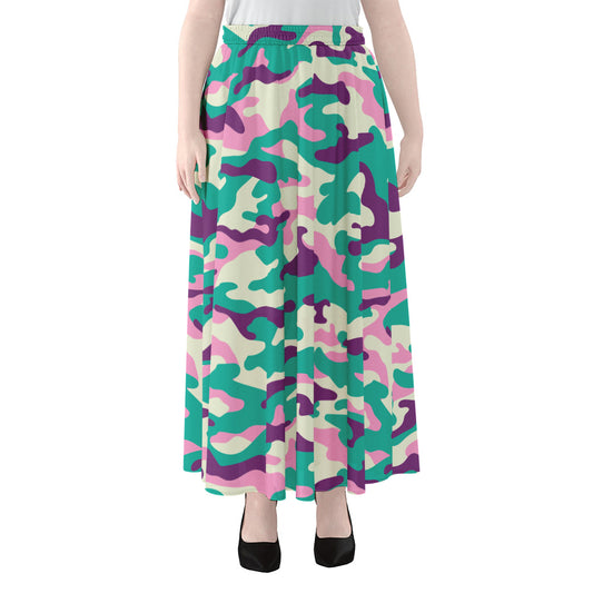 Pastel Teal And Purple Camouflage Print Chiffon Maxi Skirt