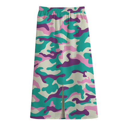 Pastel Teal And Purple Camouflage Print Cotton Front Slit Maxi Skirt
