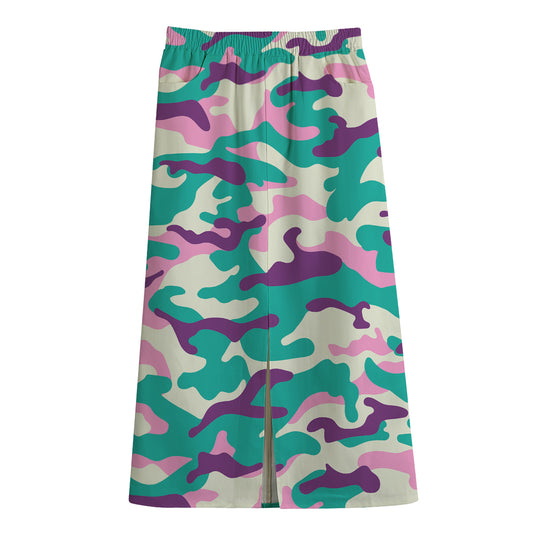 Pastel Teal And Purple Camouflage Print Cotton Front Slit Maxi Skirt