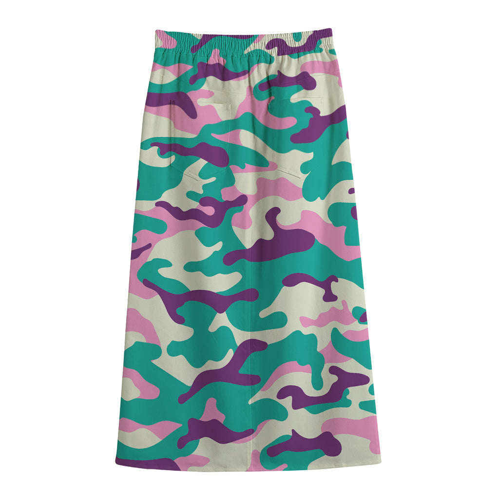 Pastel Teal And Purple Camouflage Print Cotton Front Slit Maxi Skirt
