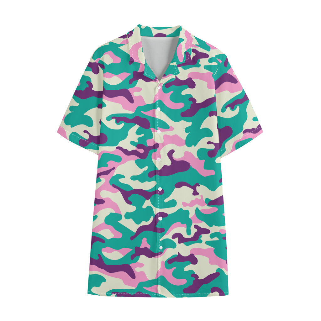 Pastel Teal And Purple Camouflage Print Cotton Hawaiian Shirt