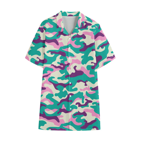 Pastel Teal And Purple Camouflage Print Cotton Hawaiian Shirt