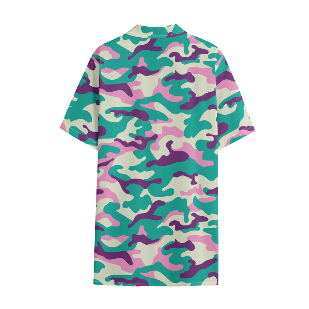 Pastel Teal And Purple Camouflage Print Cotton Hawaiian Shirt