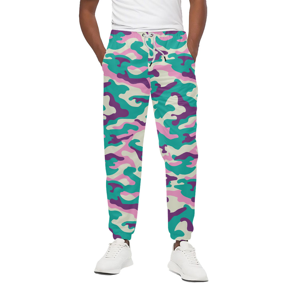 Pastel Teal And Purple Camouflage Print Cotton Pants