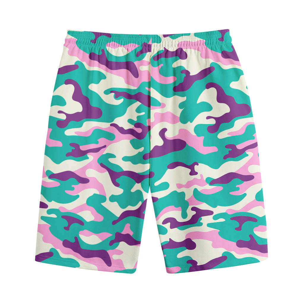 Pastel Teal And Purple Camouflage Print Cotton Shorts