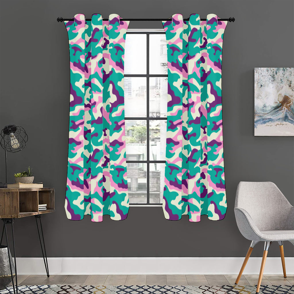 Pastel Teal And Purple Camouflage Print Curtain