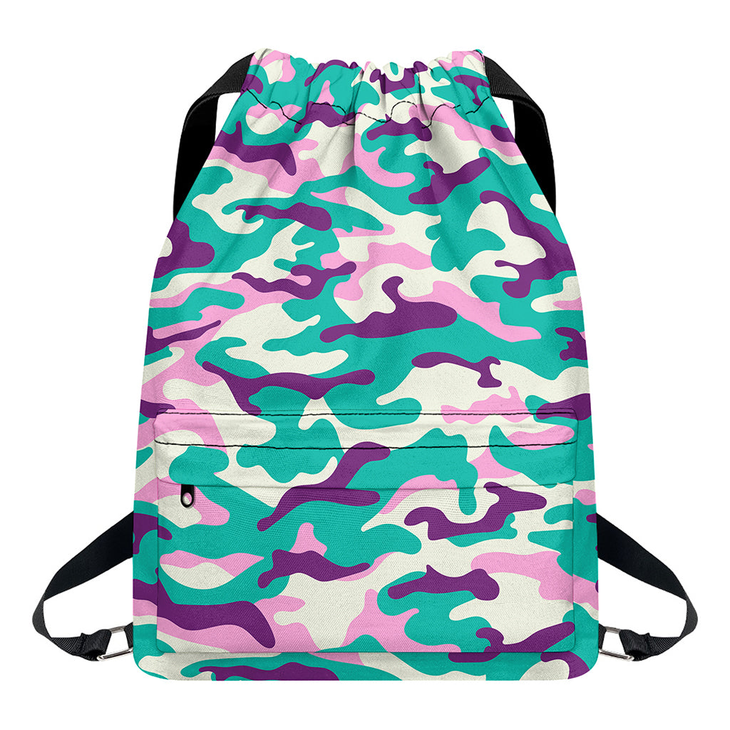 Pastel Teal And Purple Camouflage Print Drawstring Backpack