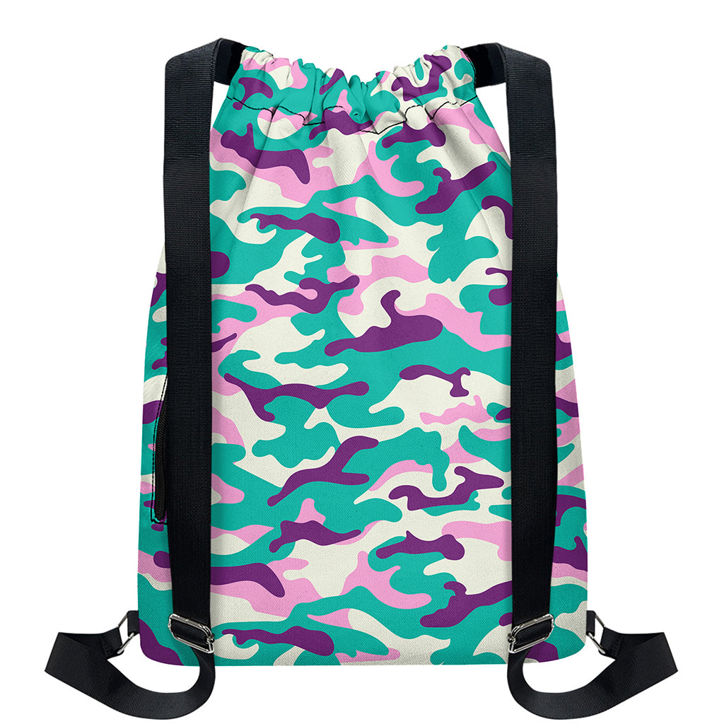 Pastel Teal And Purple Camouflage Print Drawstring Backpack