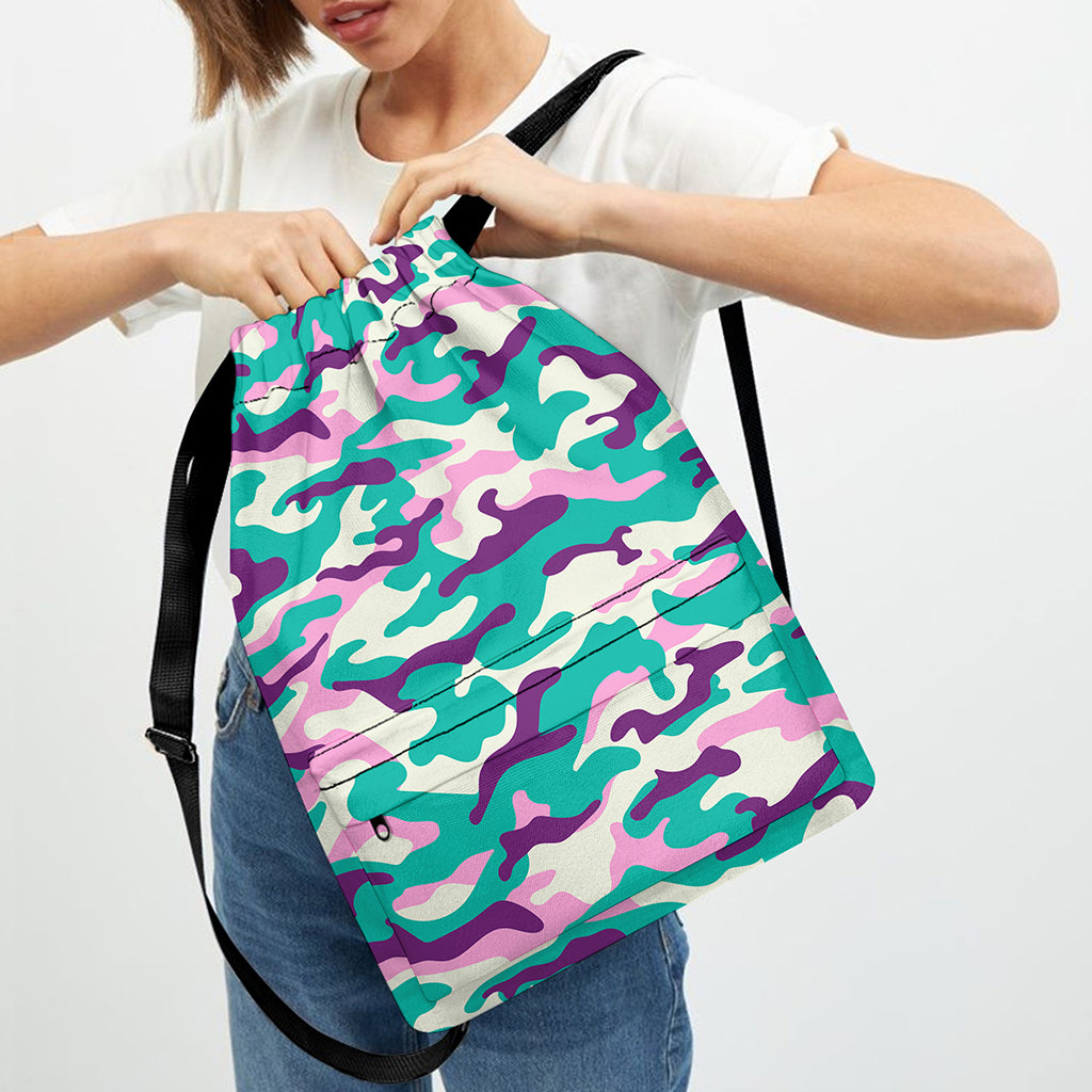 Pastel Teal And Purple Camouflage Print Drawstring Backpack