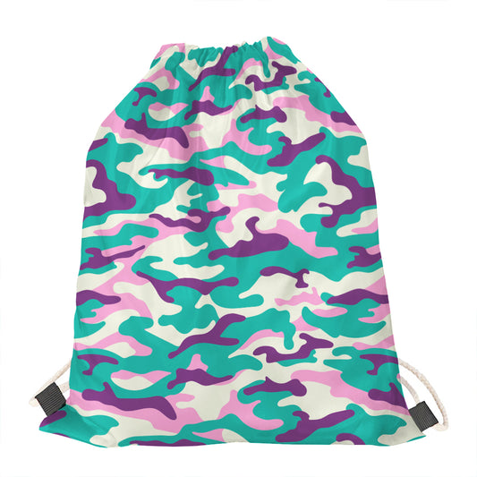 Pastel Teal And Purple Camouflage Print Drawstring Bag