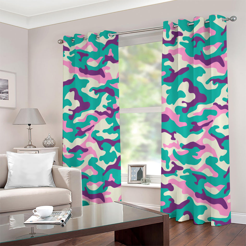 Pastel Teal And Purple Camouflage Print Extra Wide Grommet Curtains