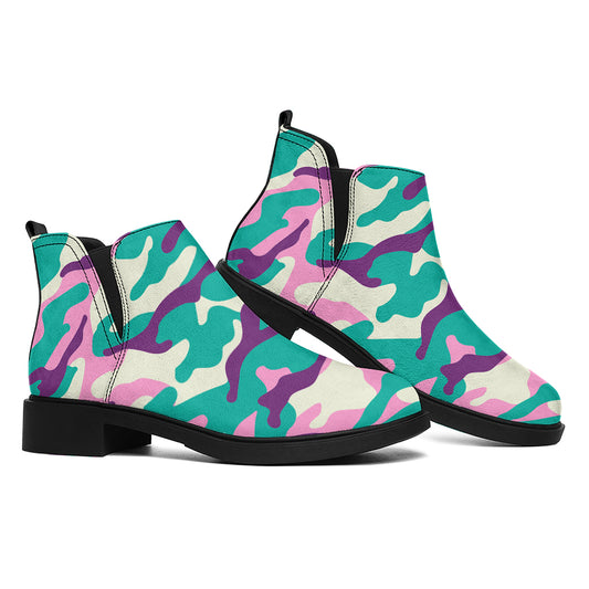 Pastel Teal And Purple Camouflage Print Flat Ankle Boots