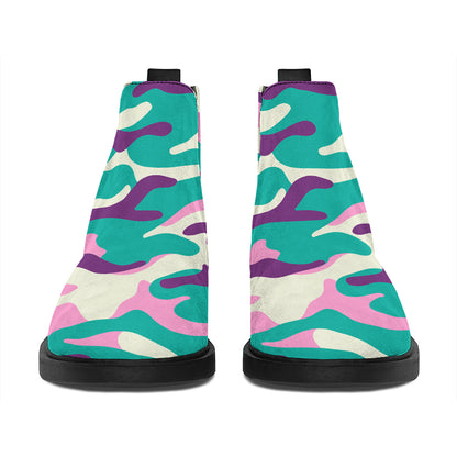 Pastel Teal And Purple Camouflage Print Flat Ankle Boots