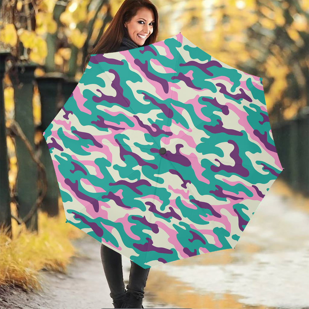 Pastel Teal And Purple Camouflage Print Foldable Umbrella