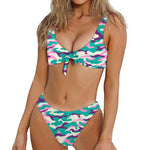 Pastel Teal And Purple Camouflage Print Front Bow Tie Bikini