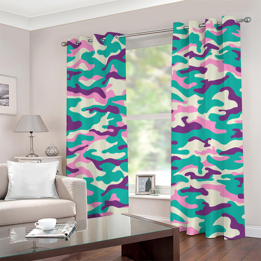 Pastel Teal And Purple Camouflage Print Grommet Curtains