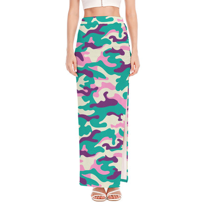 Pastel Teal And Purple Camouflage Print High Slit Maxi Skirt