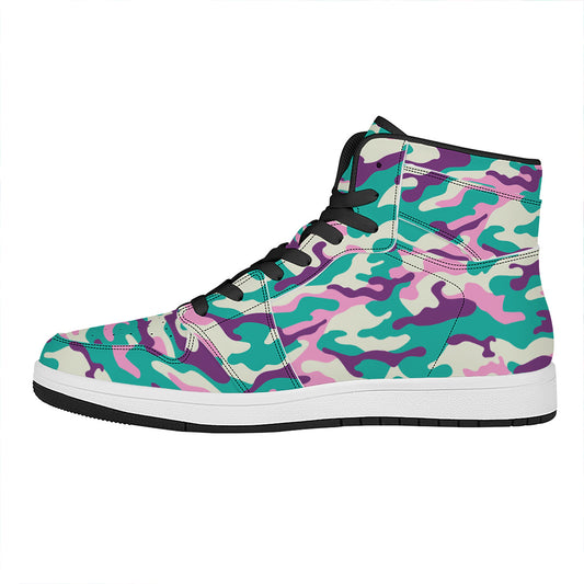 Pastel Teal And Purple Camouflage Print High Top Leather Sneakers